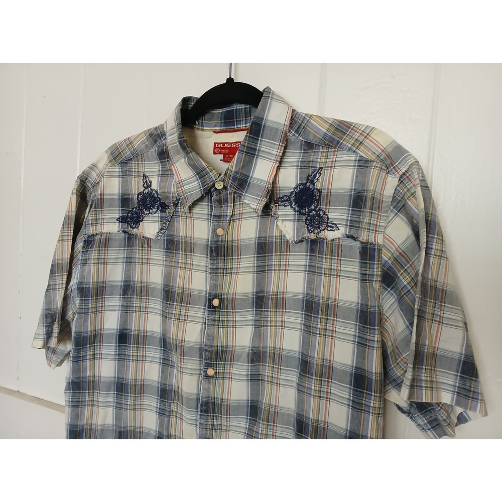 Vintage GUESS Western Snap Button Shirt Mens XL Blue Cotton Plaid Short‎ Sleeve